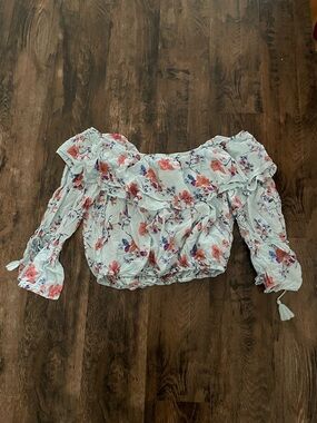 Floral Off-Shoulder Ruffle Crop Top in Light Blue and Coral